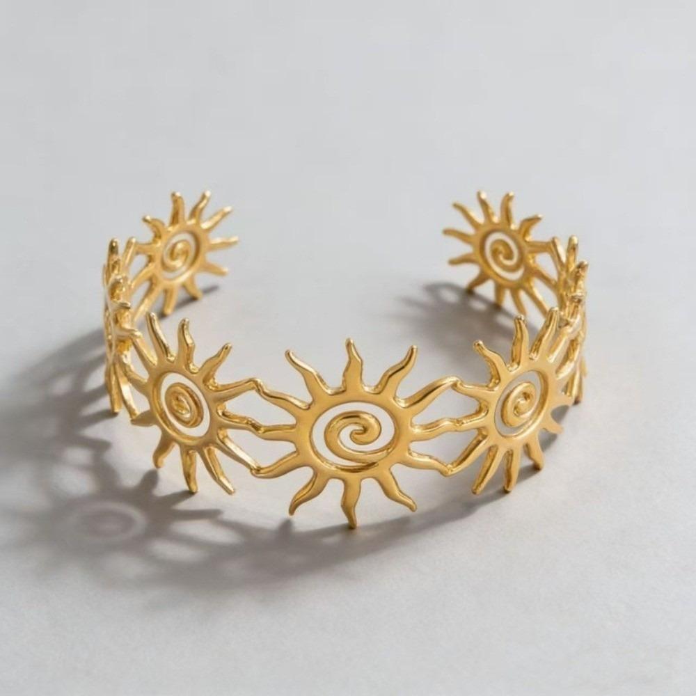 Elegant Wide Sun Bracelet Gold Color Spiral Opening Bangles Stainless Steel Korean Style Vintage Cuff Women
