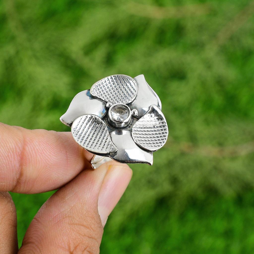 Round White Topaz Stone New Flower Boho Statement Crown Chakra Ring 925 Silver