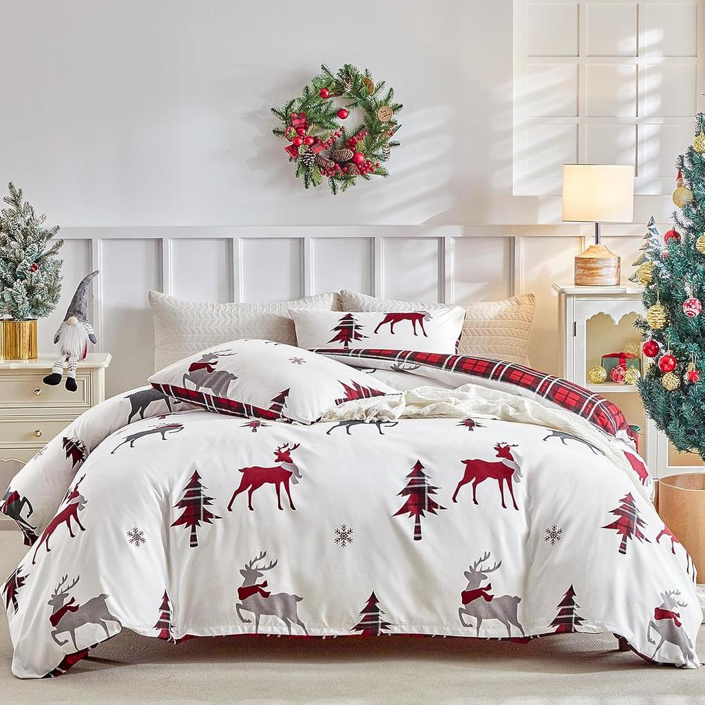 Комплекты пододеяльников размера кинг с рождественским принтом оленей - Мягкая микрофибра, красные комплекты постельного белья размера кинг, рождественское постельное белье 230x220 см