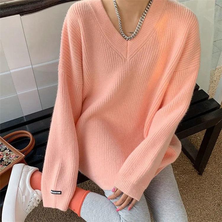 Вязаный свитер осень-зима свободного кроя с V-образным вырезом средней длины, однотонный трикотажный топ с длинным рукавом для женщин, модная верхняя одежда