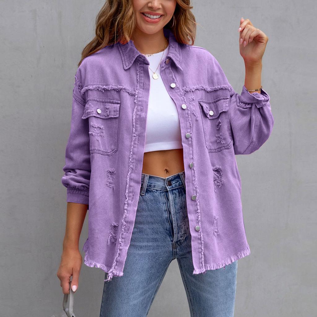 Женская джинсовая куртка, рубашки на пуговицах, потертое пальто с карманами
