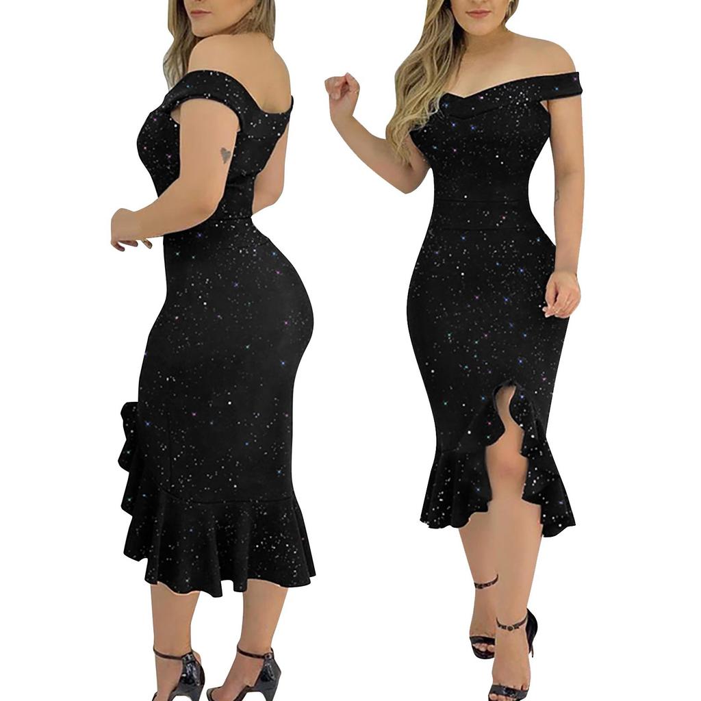 Women's Fashion Sexy Summer Off Shoulder Short Sleeve Sequin Ruffle Irregular Dresses