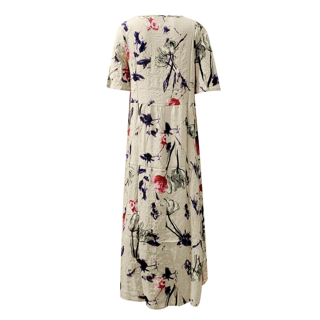 Модное женское повседневное винтажное свободное платье с круглым вырезом и коротким рукавом