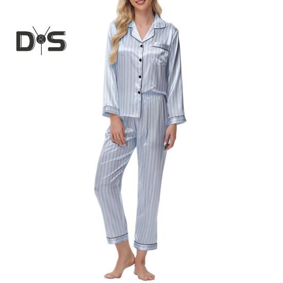 Женский комплект пижамы из 2 предметов из шелкового атласа, топ с пуговицами на лацканах и брюки, свободная рубашка в полоску и брюки с эластичным поясом, одежда для отдыха