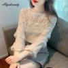 2025 French Style Spring Autumn Women Princess Blouse O Neck Beige Khaki Sweet Shirt Elegant Feminine Ladies' Lace Blouse