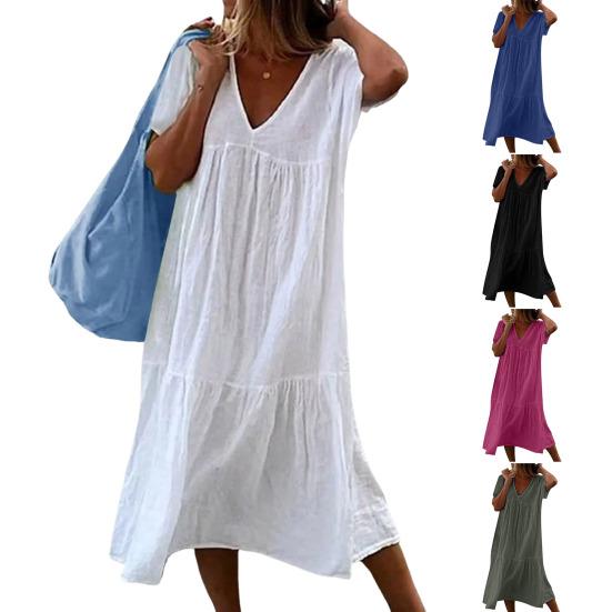 Женское летнее платье Свободное лоскутное плиссированное трапециевидное платье сплошного цвета с V-образным вырезом и короткими рукавами до середины икры Повседневная повседневная одежда Платье миди
