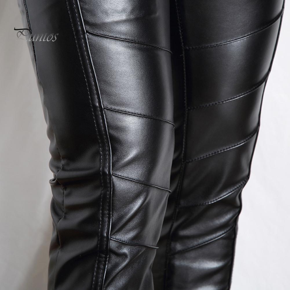 Men Solid Color Faux Leather Multi Pockets Skinny Pants Stage Club Long Trousers