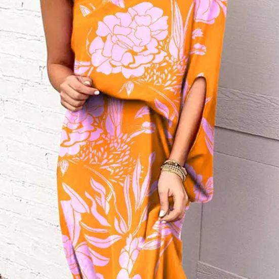 Женское платье макси на одно плечо с рукавами «летучая мышь» и цветочным принтом, длинное платье с разрезом