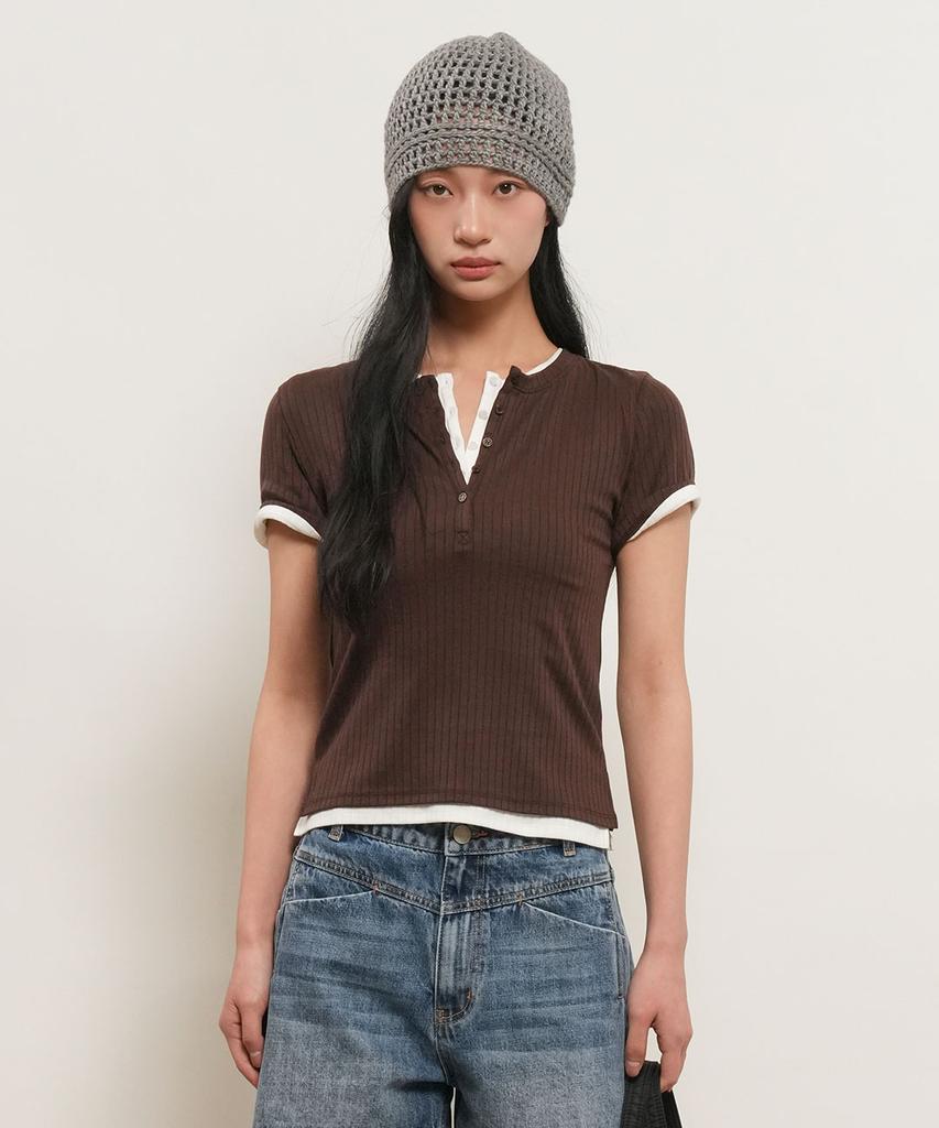 GENERALIDEA Punched Ribbed Henley Neck T-Shirt [Brown] / Gf2Lts525