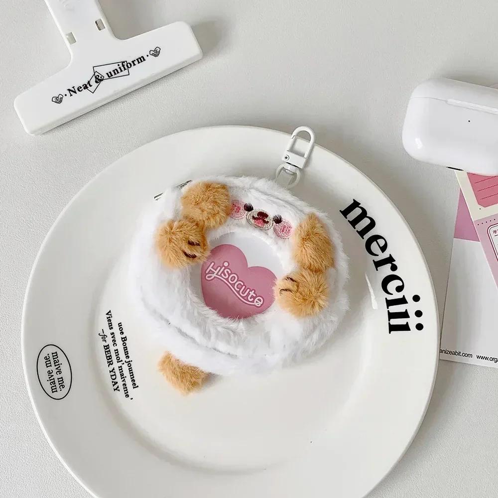 Sweet Cartoon Furry Badge Pin Holder Cute Fashion Earphone Lipstick Storage Bag Key Ring Plush Girls Kpop Badge Cover Case