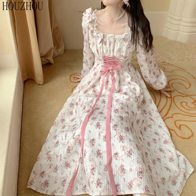 HOUZHOU Платье миди с цветочным принтом для девочек с квадратным воротником и короткими рукавами, корейское милое кавайное элегантное шикарное платье феи
