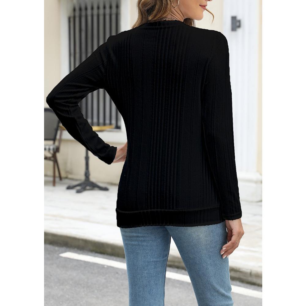 GMXIA Women's Autumn Winter Pit Strip Ground Solid Color Round Neck Button Long Sleeve T-shirt