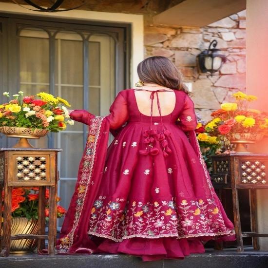 Enchanting Floral Embroidered Anarkali Gown Sets with Border Dupatta