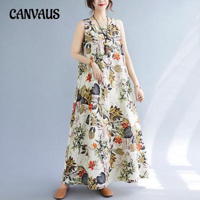 Летнее женское платье больших размеров, винтажное свободное платье из хлопка и льна с принтом, платья без рукавов с круглым вырезом