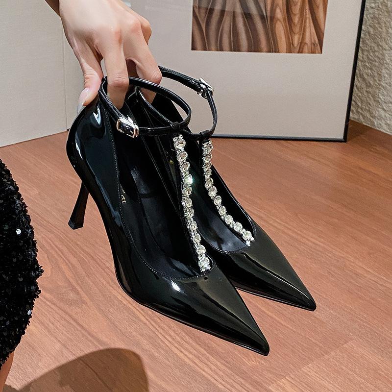 Осень обнаженный розовый темперамент одинарная обувь тонкие каблуки острый носок стразы ремешок с надписью не устают ноги высокие каблуки женские