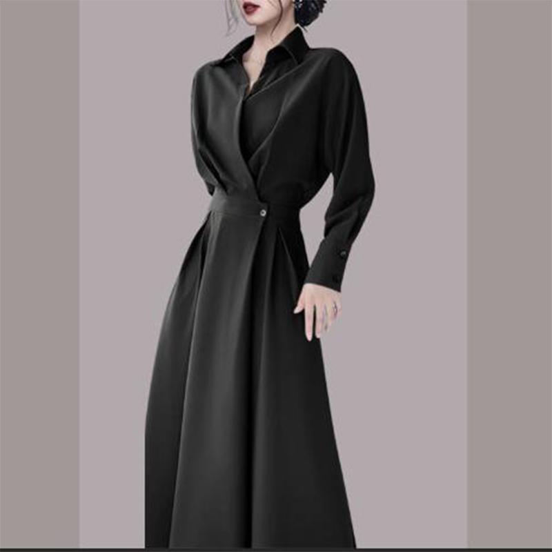 Летние новые элегантные модные однотонные простые длинные платья с высокой талией для женщин с воротником-поло, стильные универсальные платья Vestidos De Fiesta