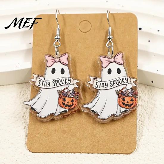 Pink Bow Pumpkin Drop Earrings 1 Pair Acrylic Ghost for Women, Halloween Cute Dangle Comfortable Curved Ear Hook with Bucket And Party Costume Cosplay