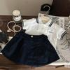 Корейский преппи лето 2025 для девочек, комплект из двух вещей: Комплект футболка с отложным воротником и юбка/брюки