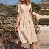 2024 Summer European & American Women's Cotton Linen V-Neck Dress with Buttoned Short Sleeves