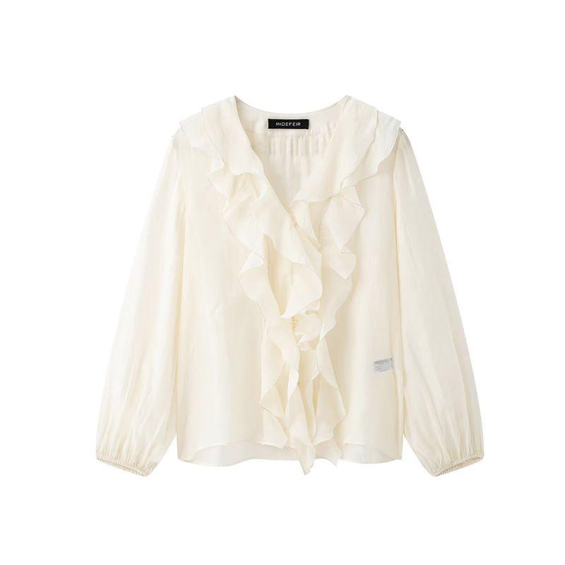 Kaslead New Arrival Women's Clothing Fashion Style Fashion Laminated Decoration Puffy Long Sleeves V-neck Shirt 9479040