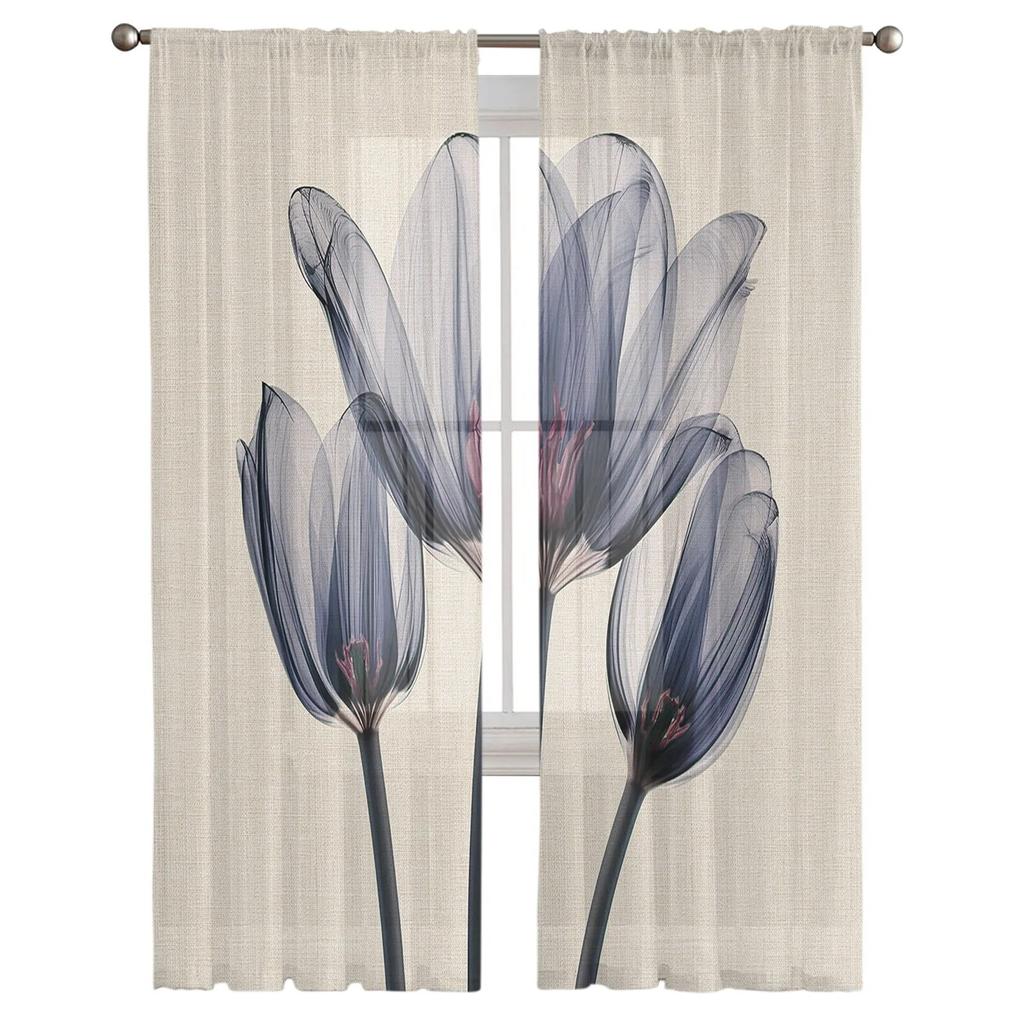 Цветок тюльпана, прозрачные синие прозрачные шторы для спальни, праздничное украшение, оконная вуаль, тюлевая занавеска