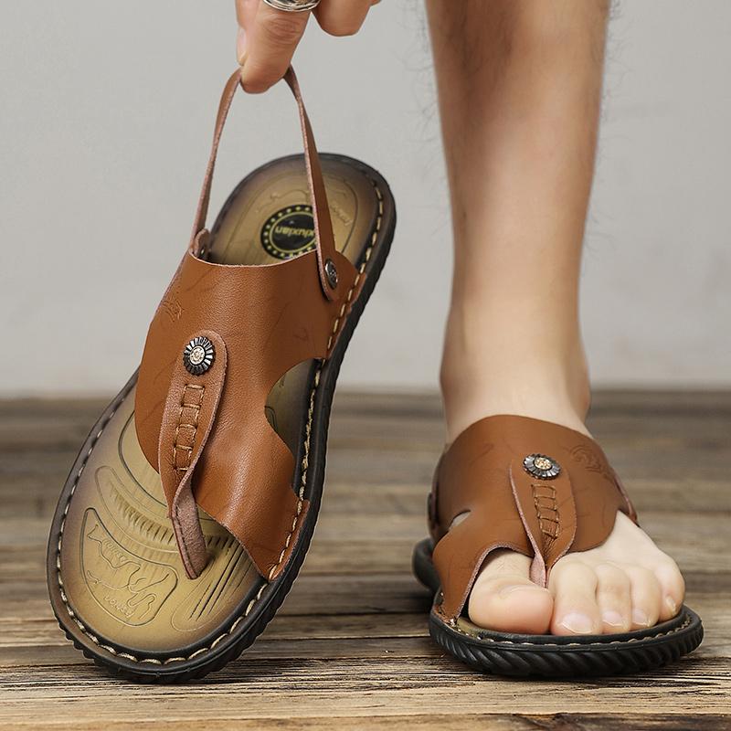 Летние мужские сандалии, нескользящие шлепанцы для мужчин, пляжные сандалии, кожаные тапочки на мягкой подошве, мужские повседневные сандалии для отдыха на открытом воздухе, большой размер