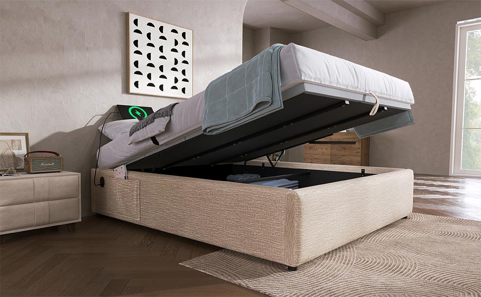 (=AB20843839N)Upholstered Bed Double Bed 160x200 cm, Storage Bed Frame with USB-C and Full-Surface Slatted Frame, Without Headboard, Linen, Natural