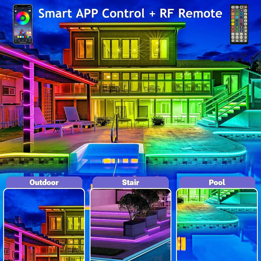 30 м/100 футов 5050 RGB светодиодная лента для улицы водонепроницаемая с пультом дистанционного управления, интеллектуальное управление через приложение с синхронизацией музыки внешний трос для балкона