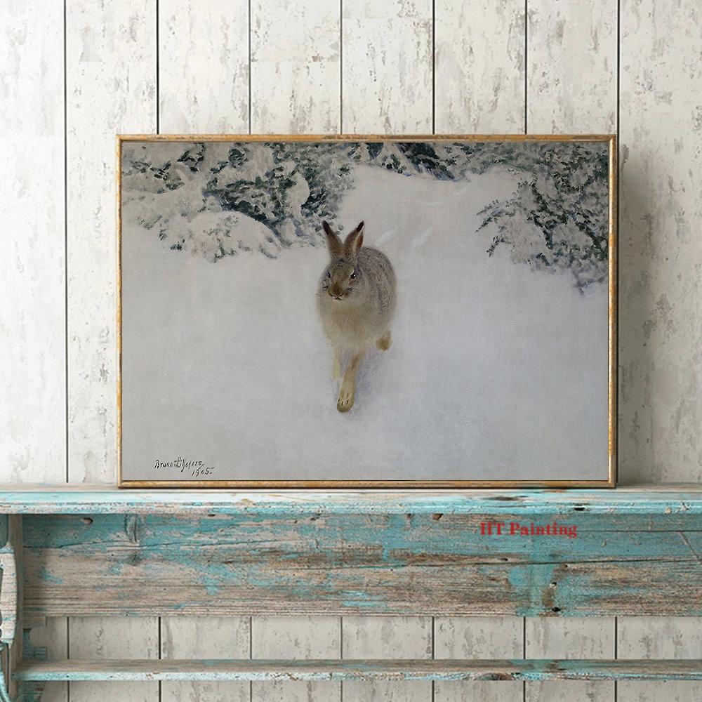 Скандинавский винтажный зимний снежный пейзаж, холст, постер, деревенские животные, олень, кролик, настенные художественные фотографии, Рождественский домашний декор