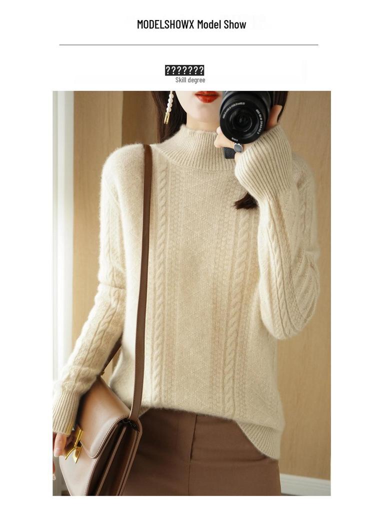 Свитер из жаккардовой шерсти с высоким воротом и вертикальной полоской - Модный трикотаж из кашемира с кабельным узором