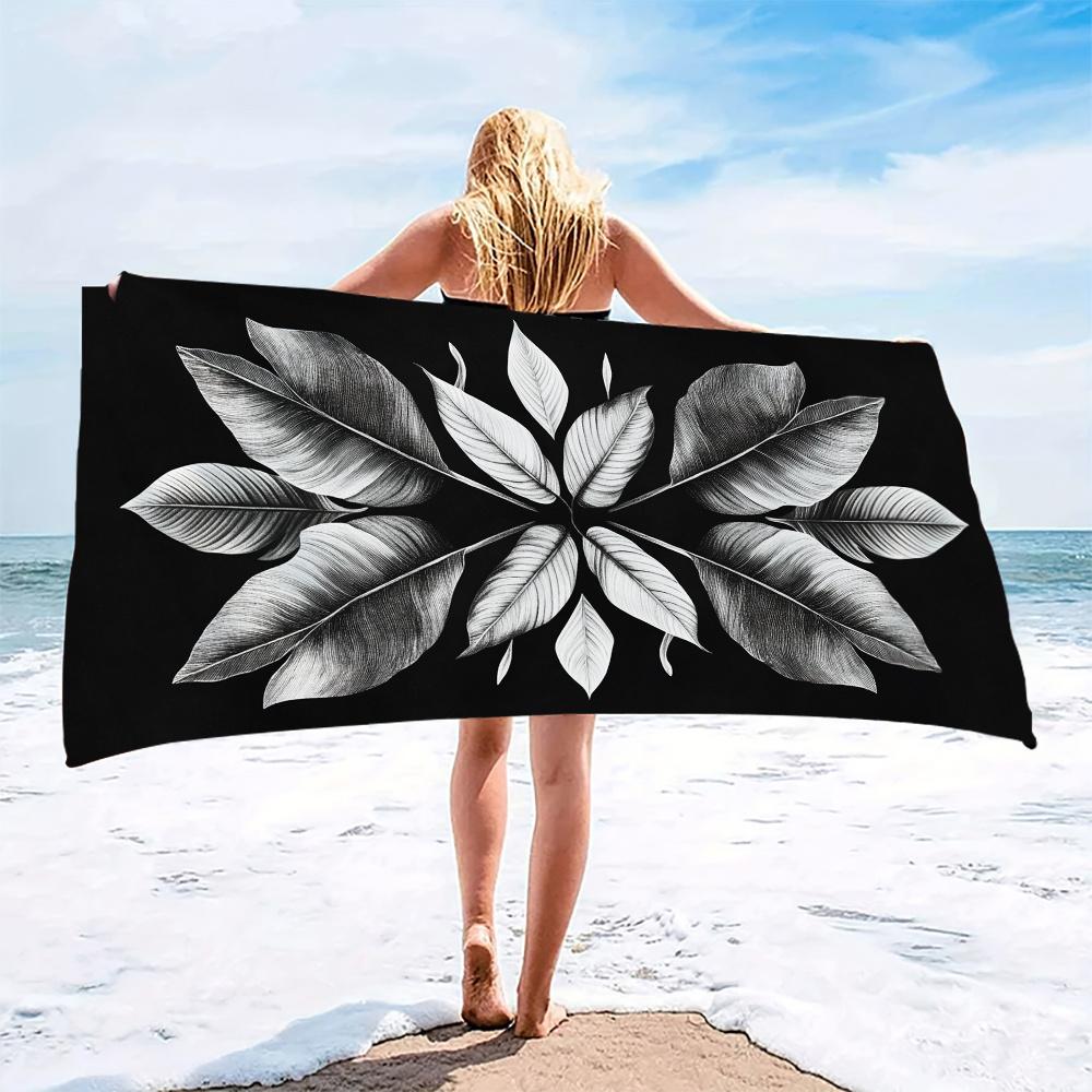 Black Beach Towel with Leaf Pattern, Elegant Botanical Art Quick-Dry Sand-Free Microfiber Bath Towels for Yoga, Swim and Travel