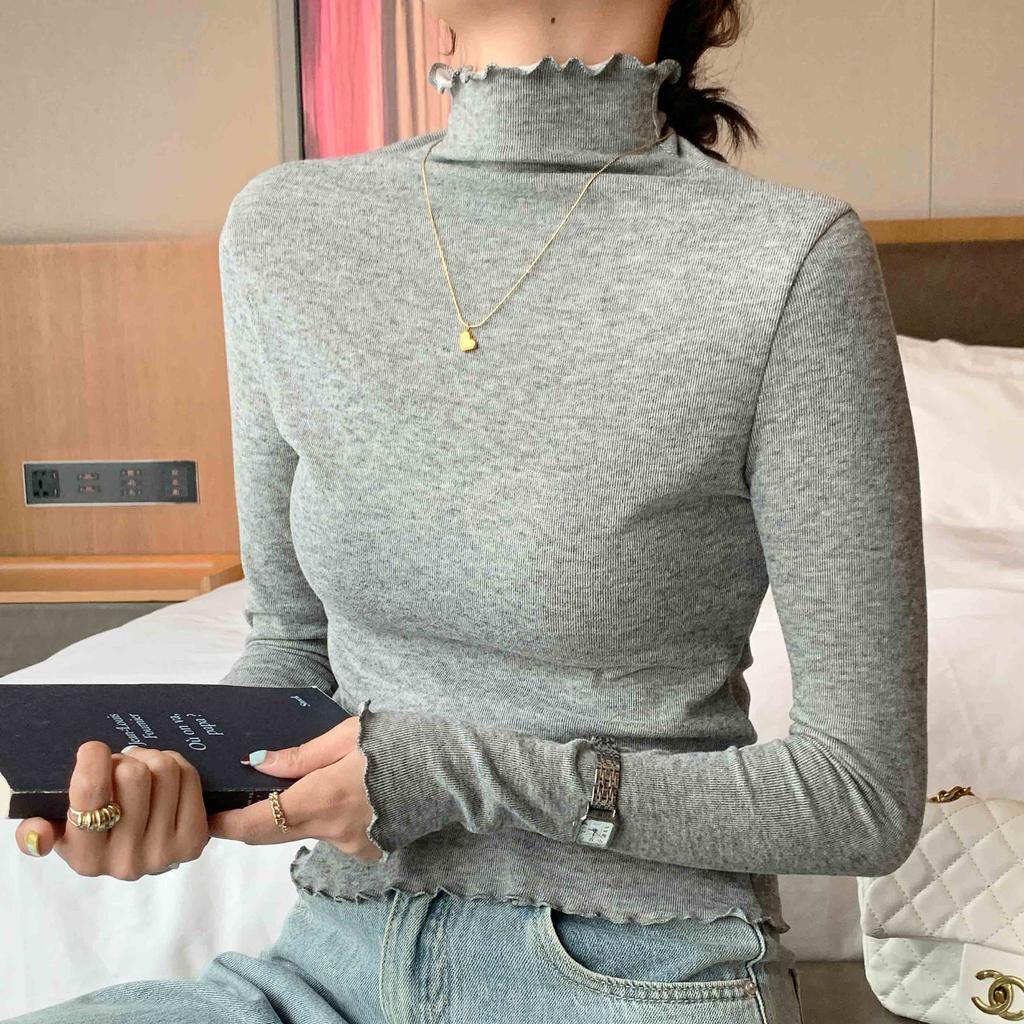 60 fungus edge semi-turtleneck bottomed shirt women's season slim-fitting versatile lace knitted sweater