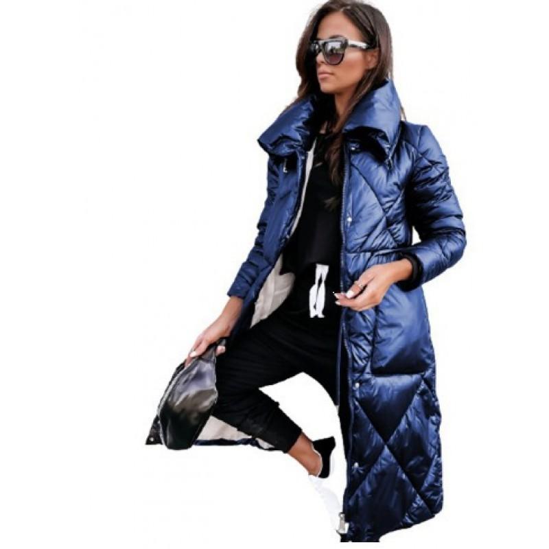 Womens Long Sleeve Zip-Up Cotton Puffer Coat Stand Collar Loose Fit Street Style Winter Jacket Black Blue Brown
