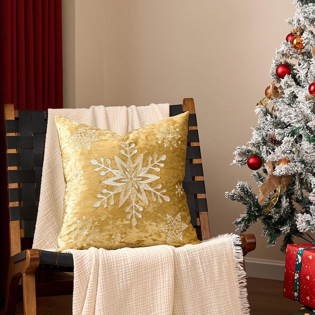 Gold Pillowcase with Reindeer and Snowflake Embroidery - Christmas Cushion Cover