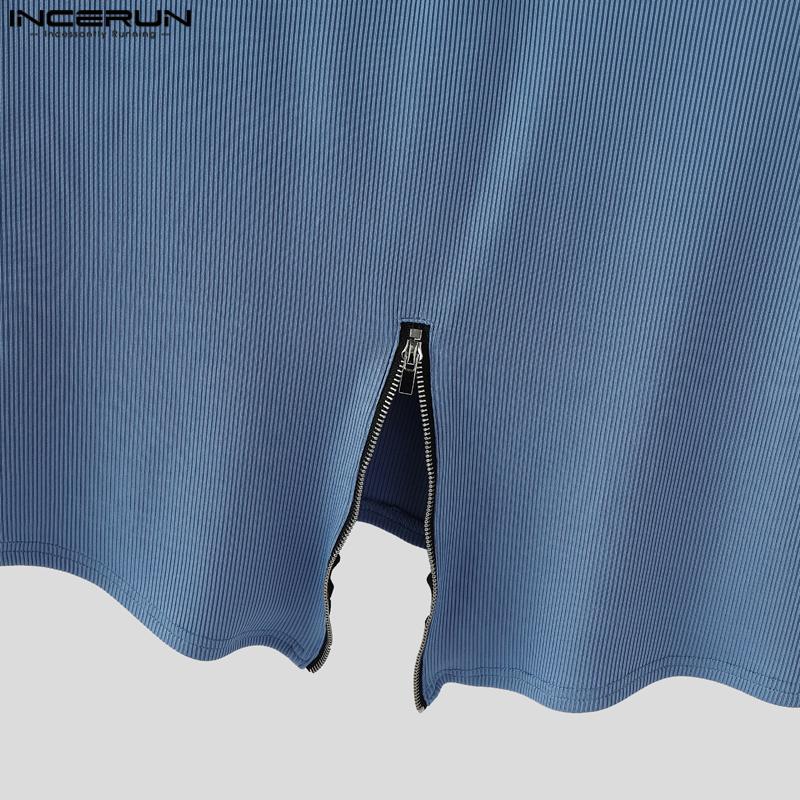 INCERUN Мужские майки без рукавов с V-образным вырезом, однотонные, на молнии, повседневные, в рубчик