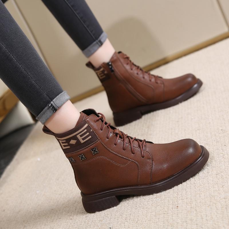 Зимние женские кожаные ботинки хлопковая обувь высокие ботинки Мартин модный тренд бархатные высокие на толстой подошве теплые зимние ботинки