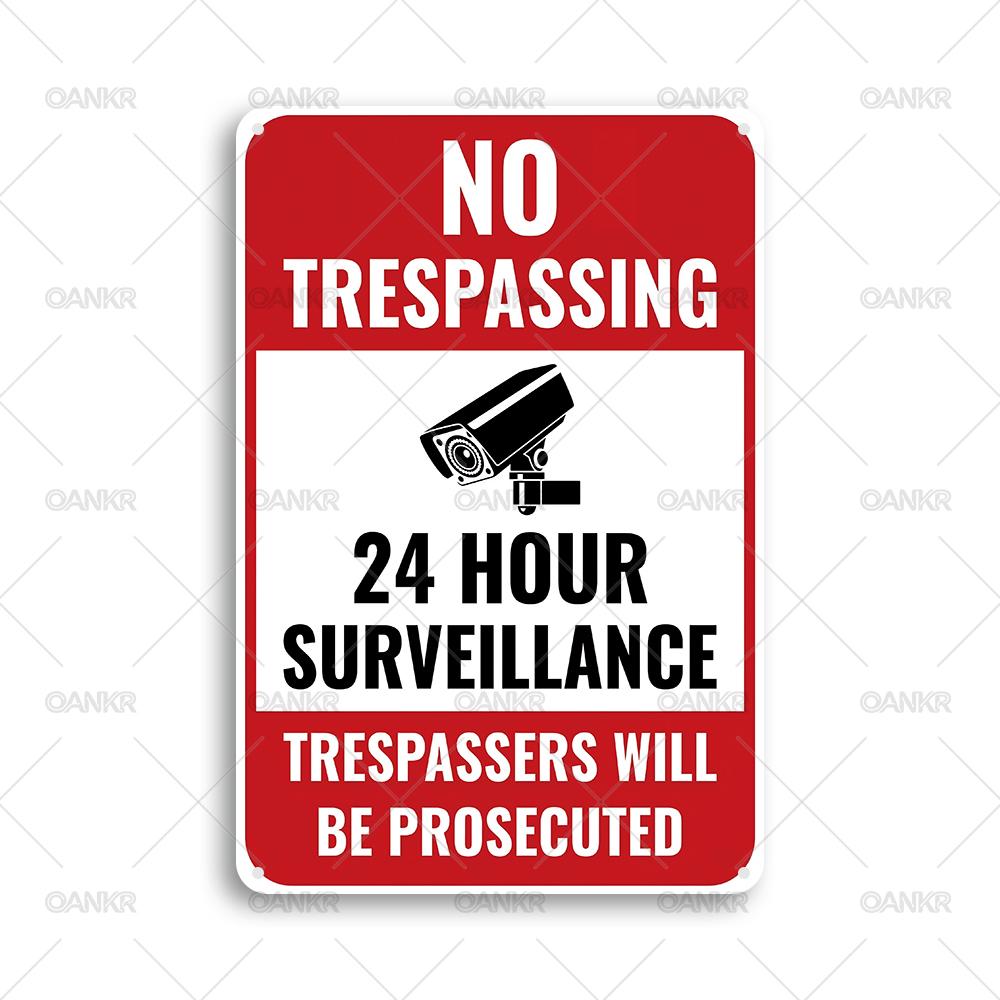 Fresh Red Hour Surveillance Metal Tin Sign Chic No Trespassing Metal Signs for Farm Garden Home Wall Decor Plaque