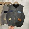 2025 Autumn Women Sleeveless Buttons Vest Patch Sweaters Style Printing Knitting Casual Loose Sweater