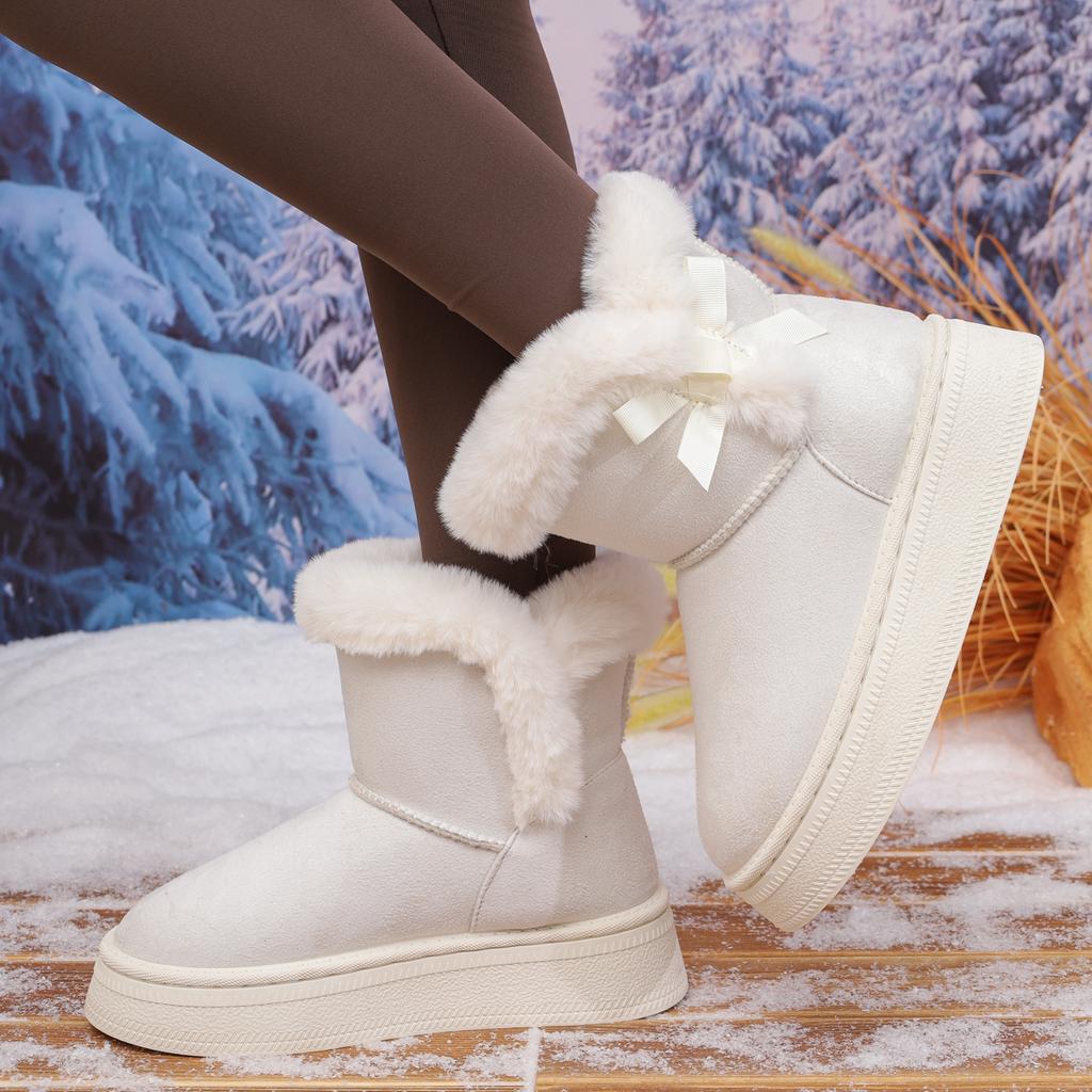 Женские ботинки Теплые с бабочкой Перекрестные Ботинки с круглым носком для женщин Зимние на толстой подошве Плюшевые Повседневные Снежные Хлопковые Ботинки Женские