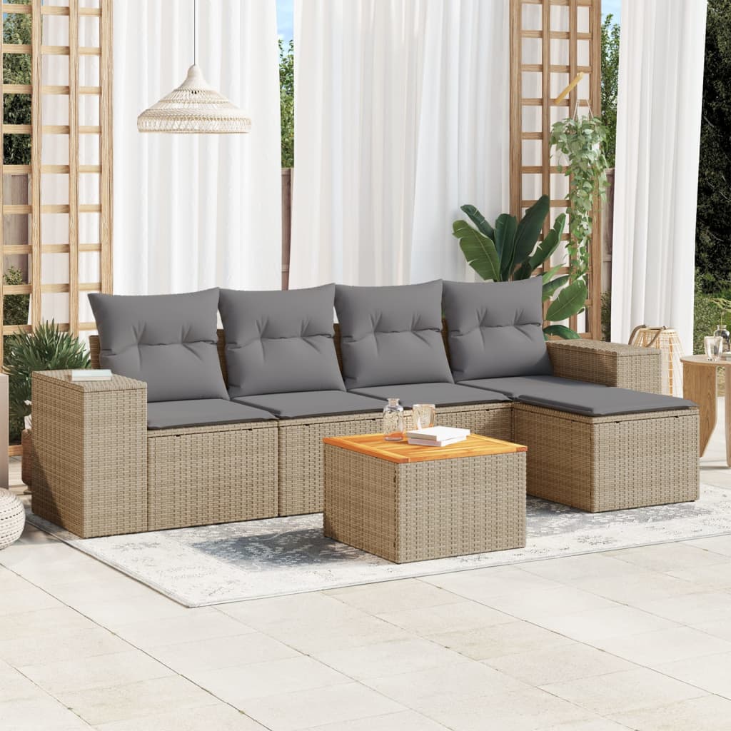 6 Piece Garden Sofa Set with Cushions Beige Poly Rattan