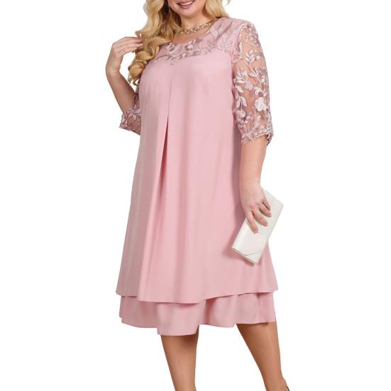 Formal Dress Elegent Beauty Lady Dress Embroidery Plus Size Midi Dress Loose Round Neck Floral Net Yarn