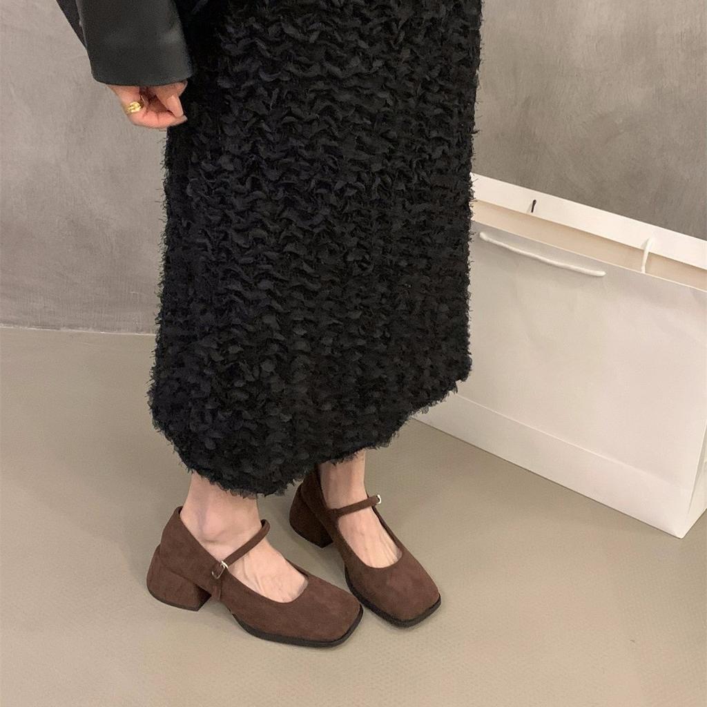 French Medium and High Heels Retro Suede Leopard Shoes Women's Shoes 2025 New Spring and Autumn Square Head Mary Jane Small Leather Shoes