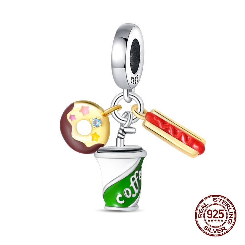 Real 925 Sterling Silver Chocolate Pizza Cake Fries Food Charms Beads Fit 925 Original Bracelets DIY Cute Jewelry Gifts