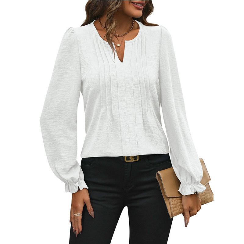 QICED Женские модные повседневные летние весенние однотонные блузки и рубашки с v-образным вырезом и длинными рукавами с принтом