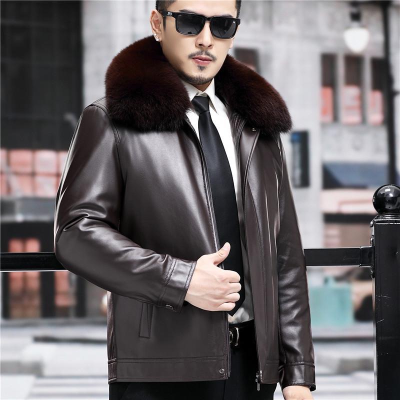 Короткая бархатная куртка большого размера для мужчин среднего и пожилого возраста из овчины, подкладка из золотистой норки, воротник из меха лисы