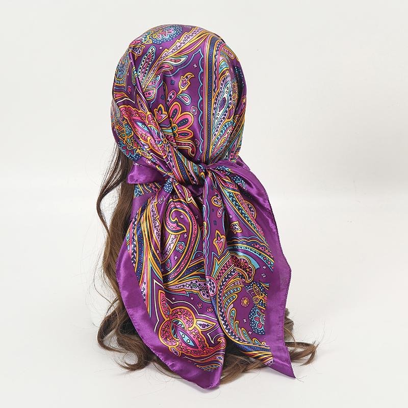Satin Square Scarf Women Muslim Hijab Elegant Print Silk Neckerchief Shawl Wraps Headband Handle Hair Accessories Bandana