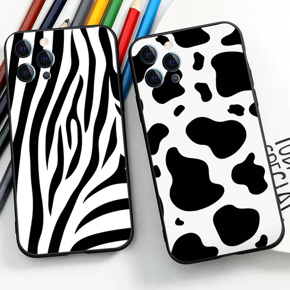Корова Зебра Полоска Для iPhone 13,17,11,12,16,14,15,Plus,Pro Max Мягкий Силикон Черный Чехол для Телефона