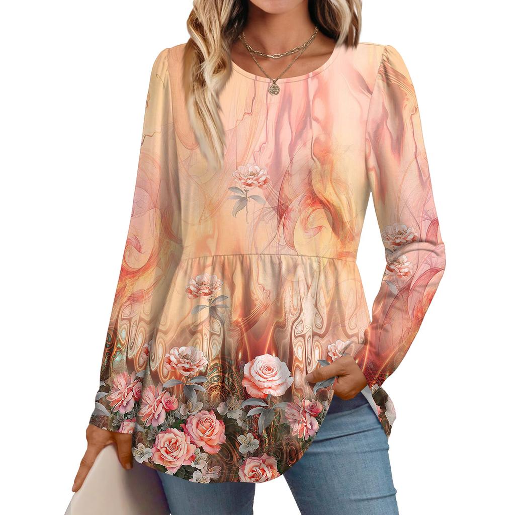 Women's Casual Fashion Long Sleeve Shirt Floral Printed Tunic Top