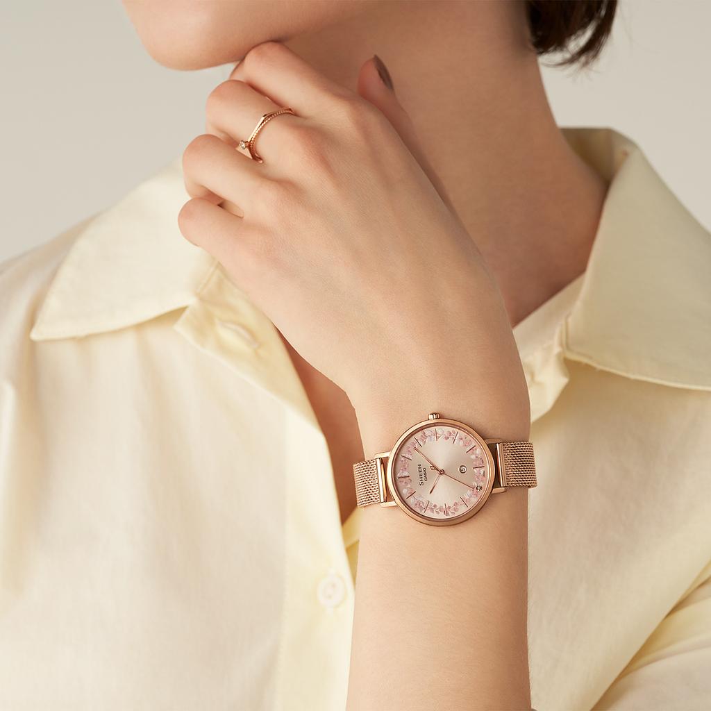 Casio Женские аналоговые кварцевые часы Sheen из нержавеющей стали с водозащитой 50 м SHE-4539FPM-4A