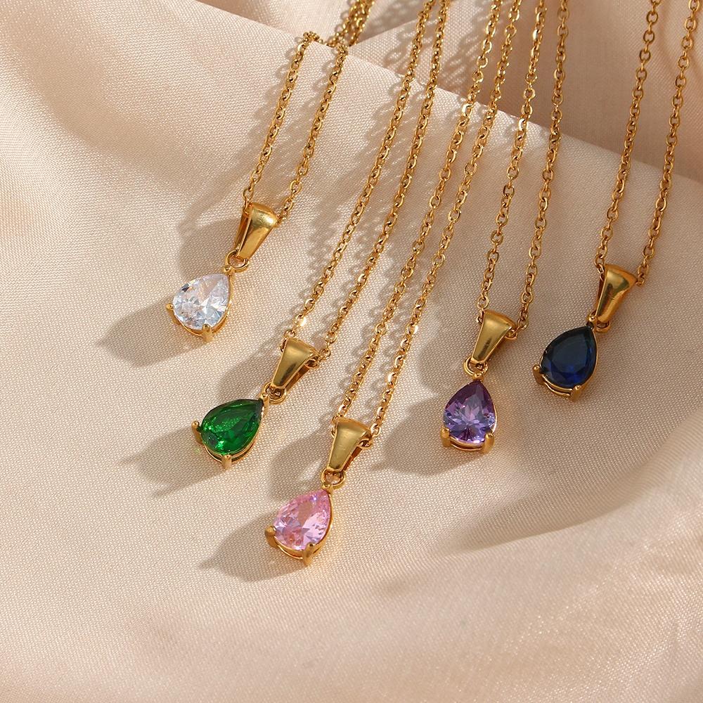 Dreamshow Colorful Water Drop Zircon Necklace Gold Plated Stainless Steel Necklace Design Jewelry
